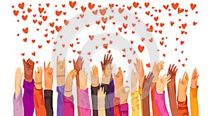 Human hands rised up and sending love, appreciation, connection and support. Dating app, searching for love and romantic
