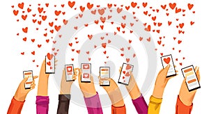 Human hands rised up with smartphone dating app, searching for love and romantic event or date, sending love and like