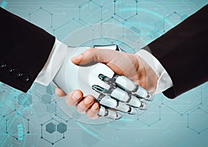 Human hands and robot hand shaking hands