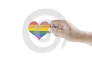 Human hands showing heart with a rainbow flag as a symbol of LGBT