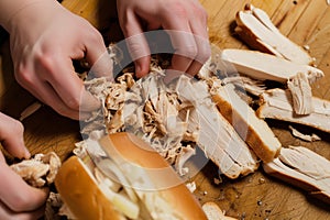 human hands shredding slowcooked chicken for sandwiches