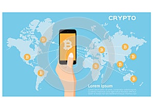 Human hands, smartphones and bitcoins and crypto currency . transfer concept vector / blockchain