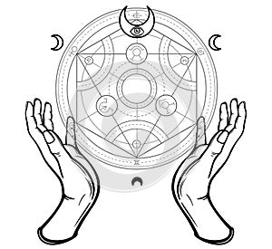Human hands touch an alchemical circle. Mystical symbols, sacred geometry. photo