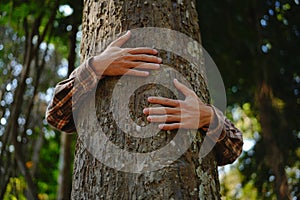 Human hands touching tree green forest in tropical woods, hug tree or protect environment, co2, net zero concept, pollution or