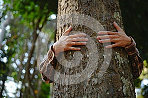 Human hands touching tree green forest in tropical woods, hug tree or protect environment, co2, net zero concept, pollution or