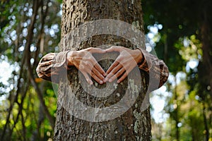 Human hands touching tree green forest in tropical woods, hug tree or protect environment, co2, net zero concept, pollution or