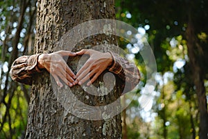 Human hands touching tree green forest in tropical woods, hug tree or protect environment, co2, net zero concept, pollution or