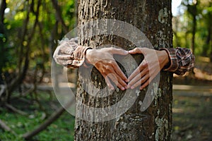 Human hands touching tree green forest in tropical woods, hug tree or protect environment, co2, net zero concept, pollution or