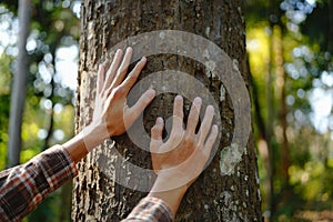 Human hands touching tree green forest in tropical woods, hug tree or protect environment, co2, net zero concept, pollution or