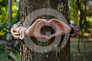 Human hands touching tree green forest in tropical woods, hug tree or protect environment, co2, net zero concept, pollution or