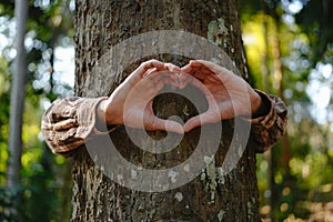 Human hands touching tree green forest in tropical woods, hug tree or protect environment, co2, net zero concept, pollution or