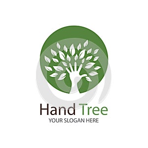 Human hands and tree with green leaves. Logo  symbol  icon  illustration  vector  template  design.