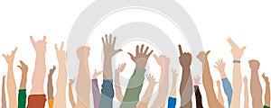 Human hands up of crowd. Vector illustration