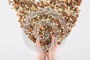 Human hands and various nuts