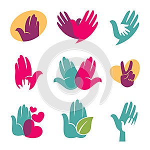 Human hands vector symbols of helping hand, heart or bird icon