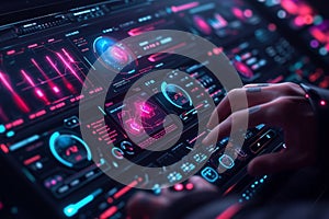 Human hands working on a futuristic digital control panel