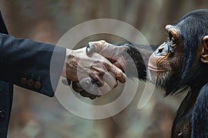 Human Handshaking With Chimpanzee in a Symbolic Gesture of Unity and Connection, AI Generated