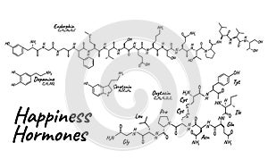 Human happiness hormone concept chemical skeletal formula icon label, text font vector illustration, isolated on white. Periodic