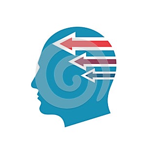 Human head and arrows - concept logo design. Business communication sign, Success strategy icon. Vector illustration.