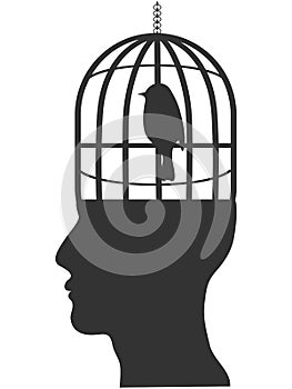 Human head with bird cage