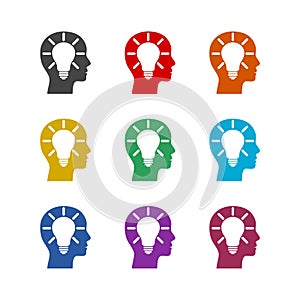 Human head and brain bulb logo icon isolated on white background. Set icons colorful