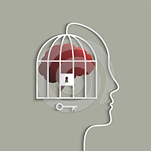 Human head with brain in cage concept, lock and key conceptual symbol