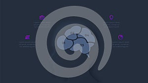 Human head with brain. Creative infographic presentation. Dark neumorphic illustration with 4 steps