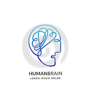 Human head and brain logo sign or emblem design template. Abstract continuous line creative idea vector icon