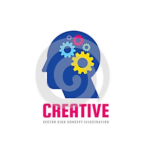 Human head and brain process with gears - vector business logo concept illustration in flat design style. Creative idea symbol.