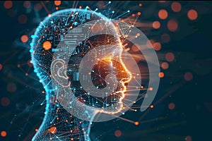 Human head with brain structure lines connecting electronic circuits and components