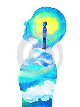 Human head, chakra power, fantasy abstract thinking, world, universe inside your mind, watercolor painting