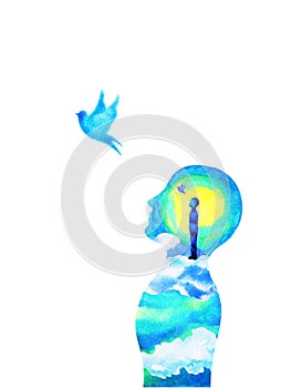 Human head, chakra power, fantasy abstract thinking, world, universe inside your mind, watercolor painting