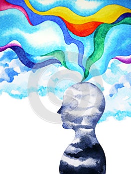 Human head, chakra power, inspiration abstract thinking inside your mind, watercolor painting