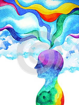 Human head, chakra power, inspiration abstract thinking inside your mind, watercolor painting photo
