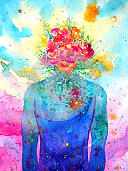 Human head, chakra power, inspiration abstract thinking, world, universe inside your mind, watercolor painting
