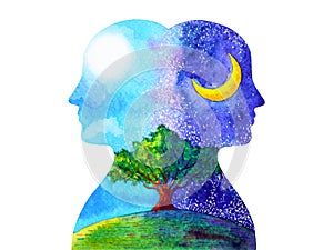 Human head chakra powerful inspiration day and night tree abstract thinking watercolor painting illustration hand drawn