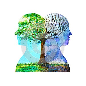 Human head chakra powerful inspiration tree abstract thinking inside your mind watercolor painting illustration hand drawn