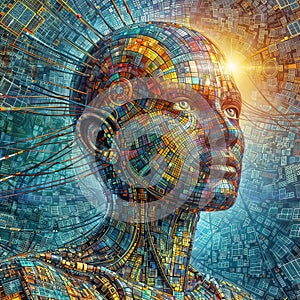 3D rendering of artificial intelligence concept with human head and circuit board, generative ai