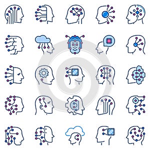 Human Head with Circuits creative icons set. AI and ML Brain signs