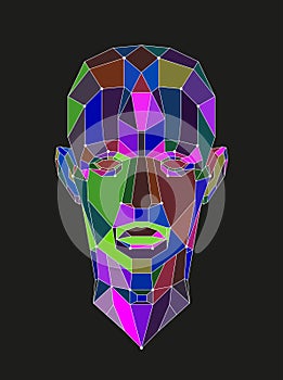 Human head created in low poly style. Man face polygon light. Intelligence allegory AI. Facial Recognition System concept.