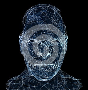 Human head with in 3d space network. Blue abstract futuristic medicine, science and technology background illustration