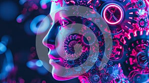 A human head is depicted with wheel cogs inside. Generative Ai