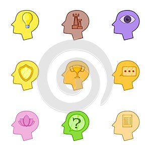 Human head with different thoughts icons set