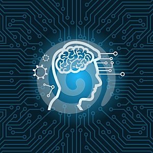 Human Head With Digital Brain Icon Over Blue Circuit Motherboard Background