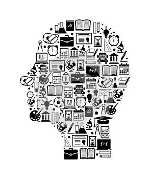 Human head with education icons