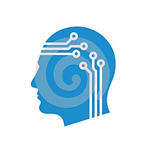 Human head electronic technology logo design. Network connection comminication concept icon sign. Digital smart brain. Vector illu