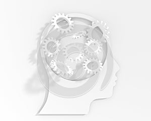 Human head with gear wheels inside. Productivity, effectiveness concept. Intelligence and knowledge development with brain