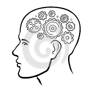 Human head with gears and cogwheels. Brain thinks in process, mind