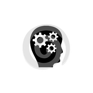 Human Head with Gears, Thoughts of Brain. Flat Vector Icon illustration. Simple black symbol on white background. Human Head Gears