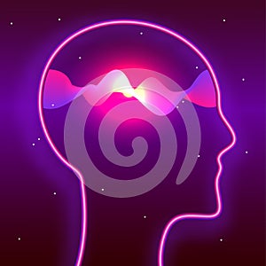 Human head and glowing waves inside. Mindfulness, brain power, meditation concept. Biohacking, neurobiology illustration photo